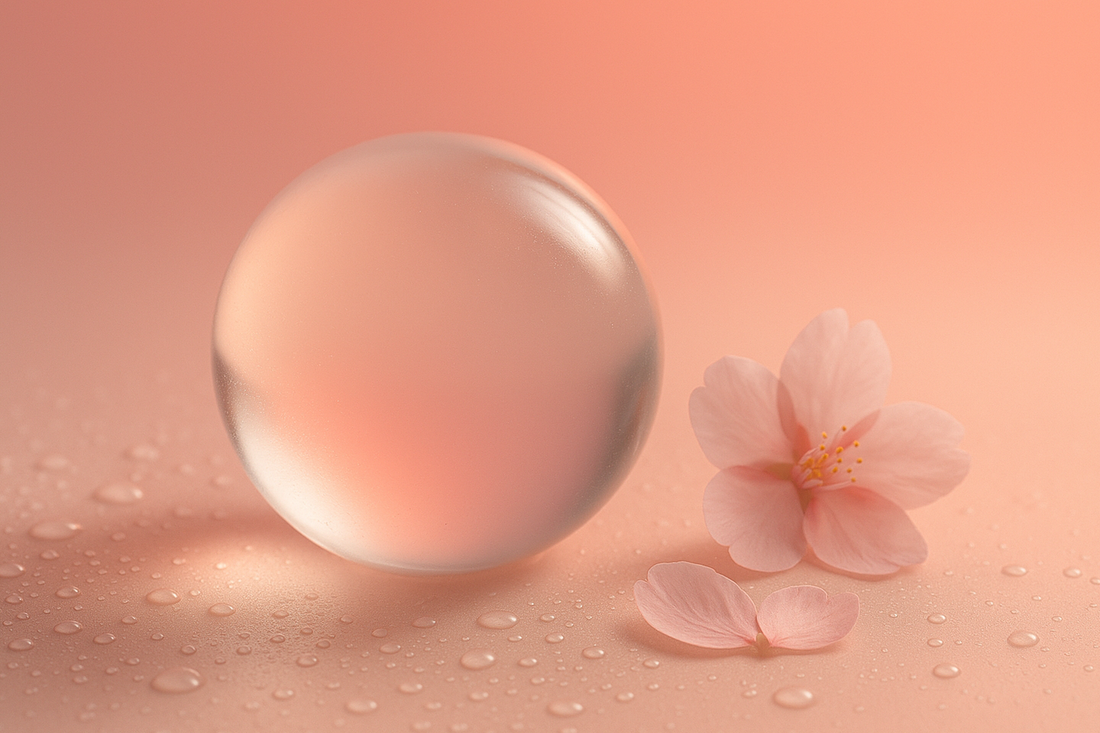 Glaskugel neben Kirschblüte, Symbolbild Glass Skin Routine
