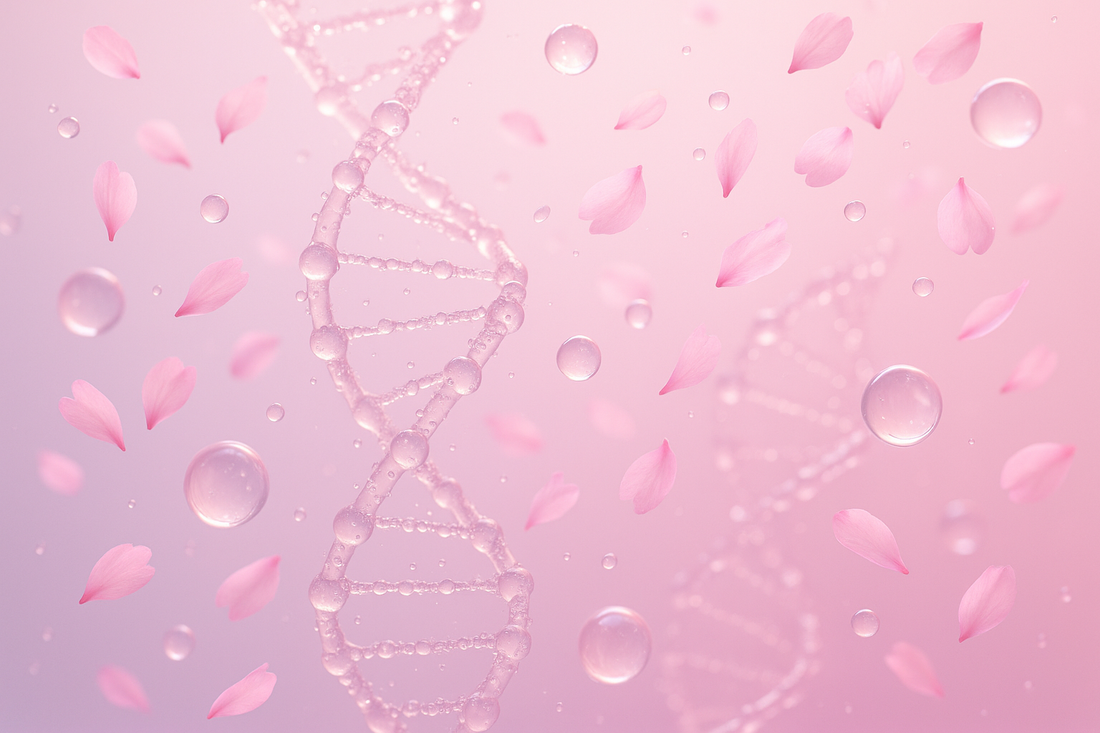 Abstrakte DNA-Helix aus Wassertropfen mit Kirschblüten, Symbolbild PDRN K-Beauty-Trend