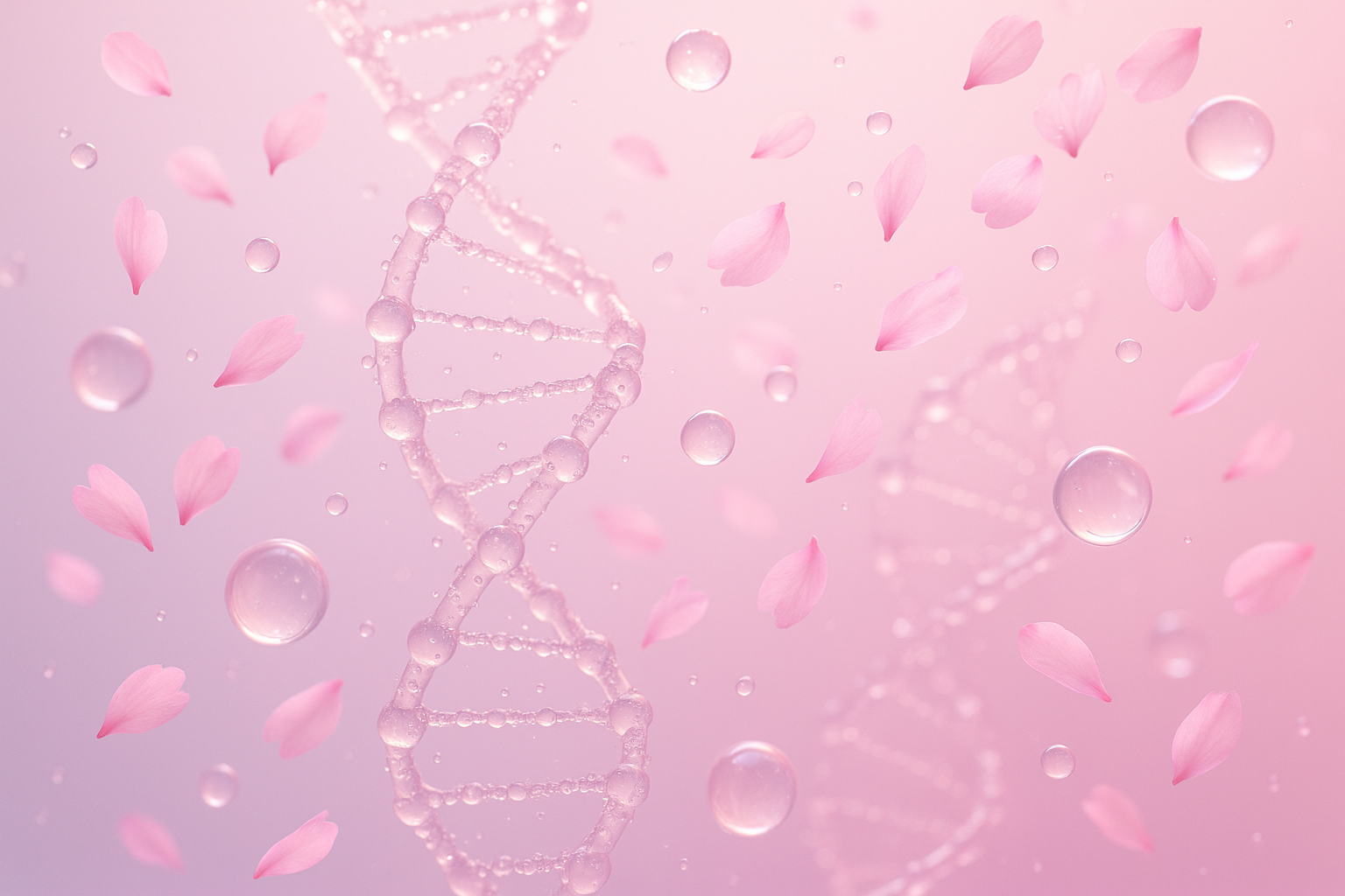Abstrakte DNA-Helix aus Wassertropfen mit Kirschblüten, Symbolbild PDRN K-Beauty-Trend