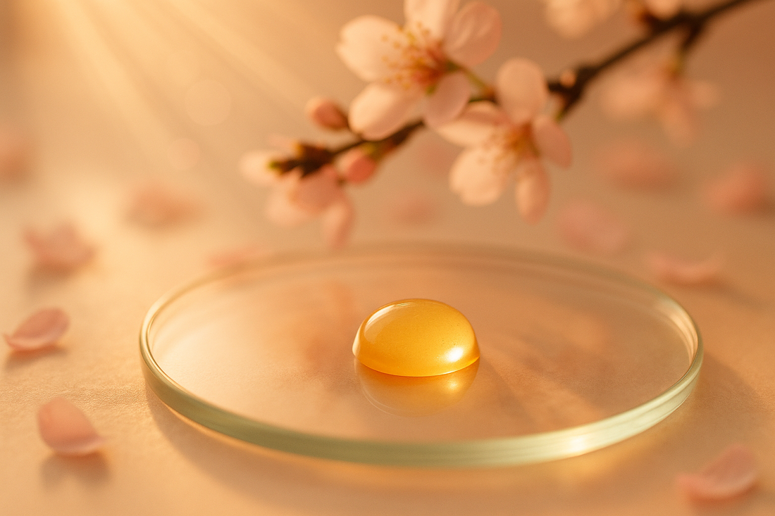 Goldener Serum-Tropfen mit Kirschblüte, Symbolbild koreanische Sonnencreme