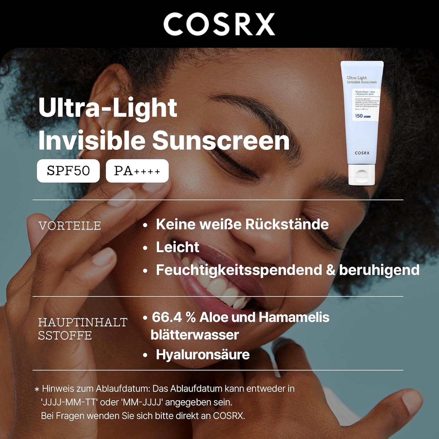 COSRX Ultra-Light Invisible Sunscreen SPF50 - 50 ml K Beauty Hautpflege für strahlende Haut