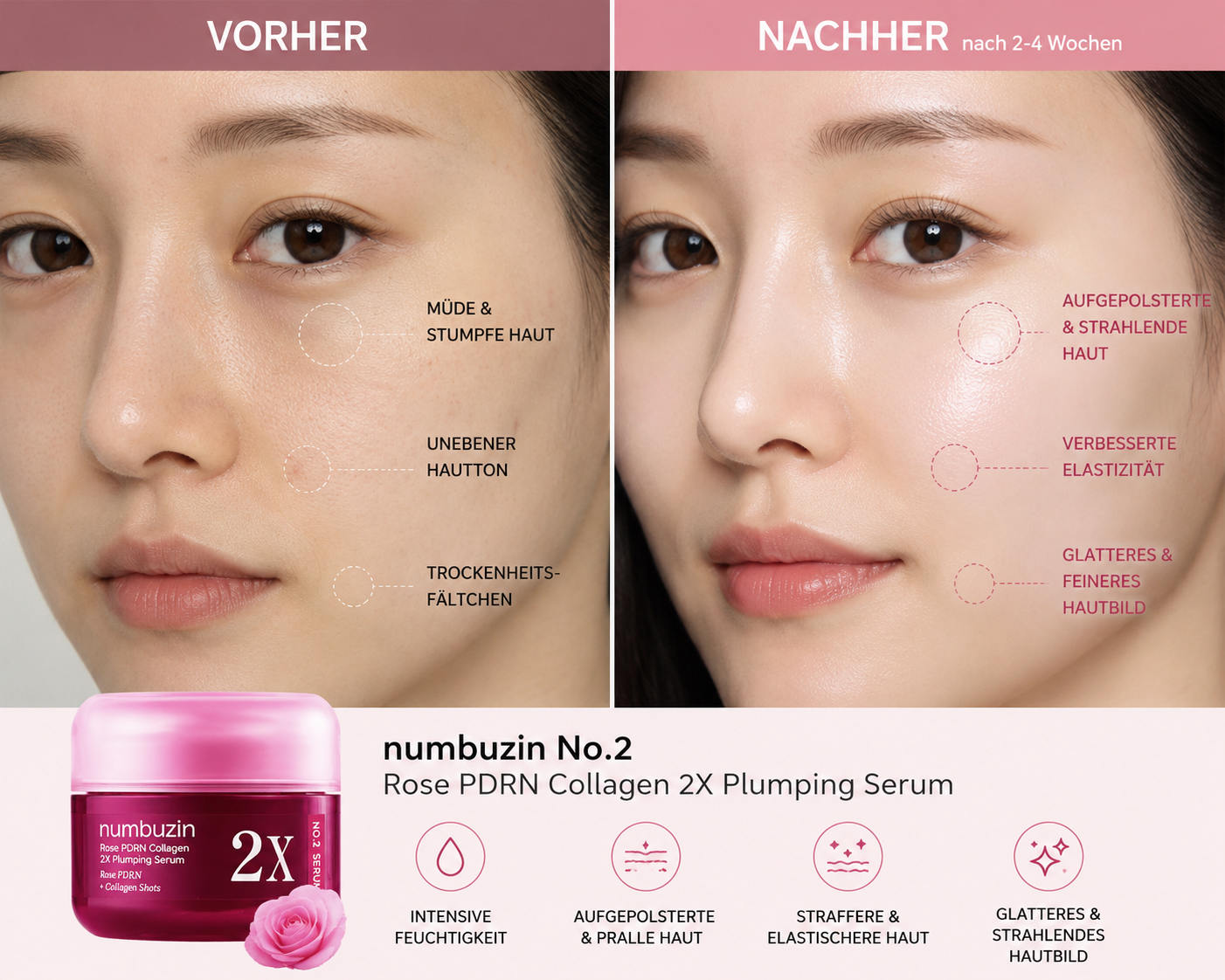 Numbuzin No.2 Rose PDRN Collagen Plumping Serum 30 ml K Beauty Hautpflege für strahlende Haut