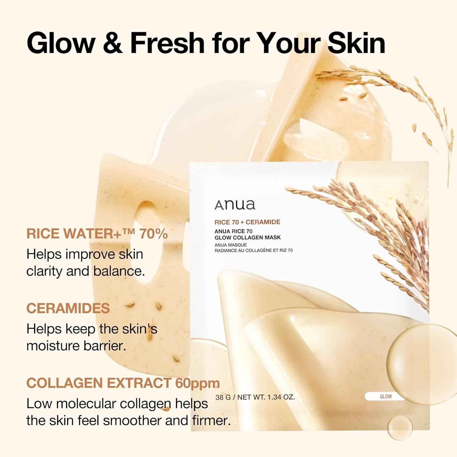 Anua Rice 70 Glow Collagen Mask 4er Pack K Beauty Hautpflege für strahlende Haut