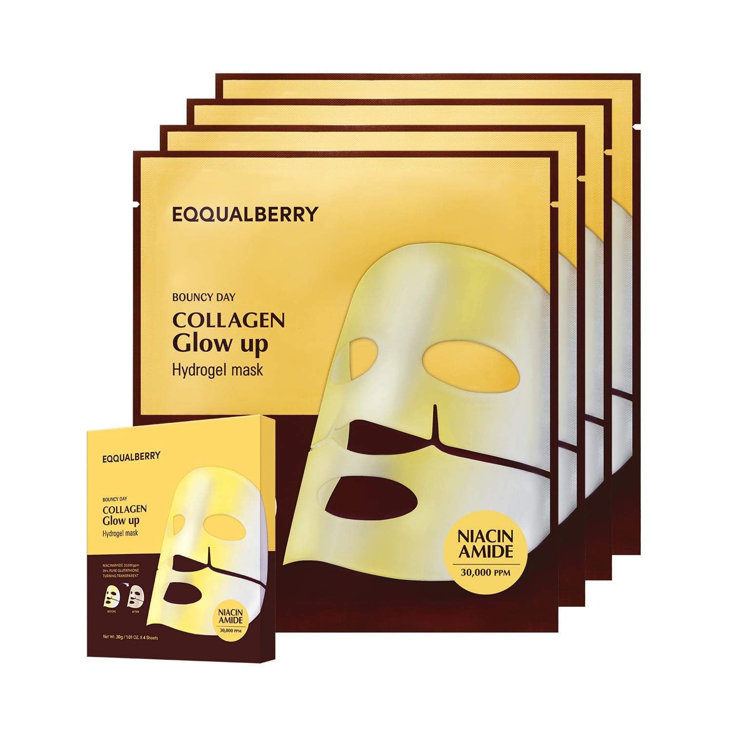 EQQUALBERRY Collagen Glow Up Maske 4x30g K Beauty Hautpflege für strahlende Haut