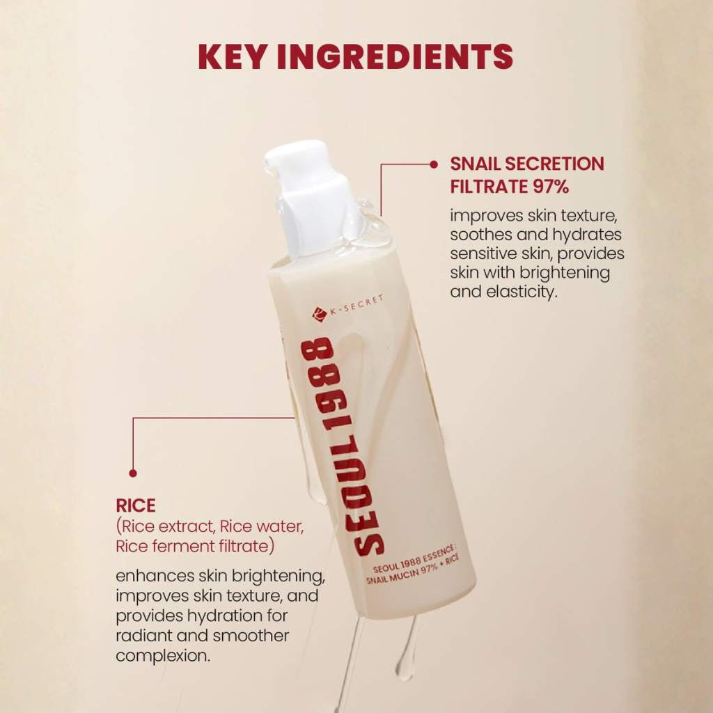 K-SECRET Seoul 1988 Essence Snail Mucin 97% + Rice 100ml K Beauty Hautpflege für strahlende Haut