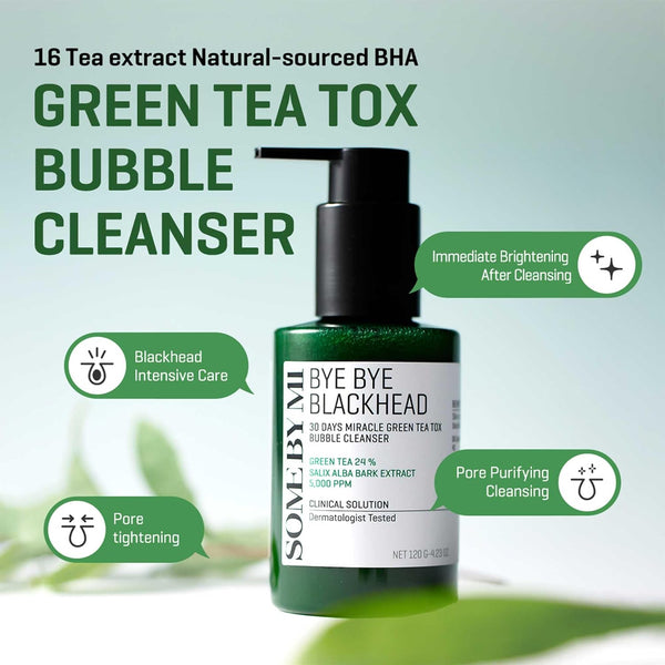 Some By Mi Bye Bye Blackhead 30 days Miracle Green Tea Tox Bubble Cleanser 120 ml K Beauty Hautpflege für strahlende Haut